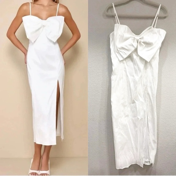 Sz L - NWOT Lulus Statement Sweetie White Taffeta Sleeveless Bow Midi‎ Dress - Picture 1 of 8